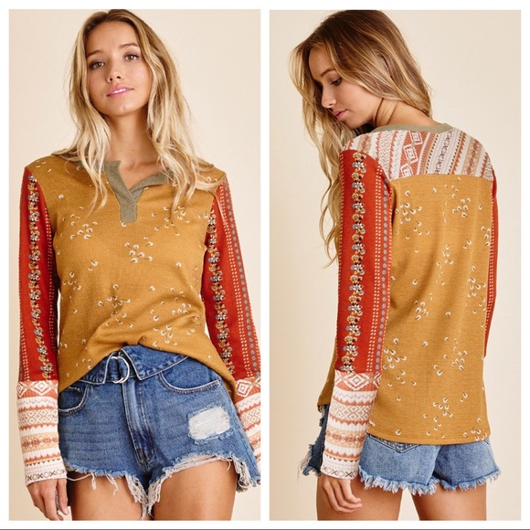 Chic Aztec Print Contrast Sleeve Details Top - Picture 3 of 3